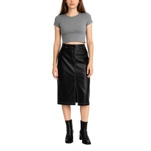 MEXX Y2K Black Leather Skirt M Lined Slit Midi Grunge‎ Clubwear VINTAGE